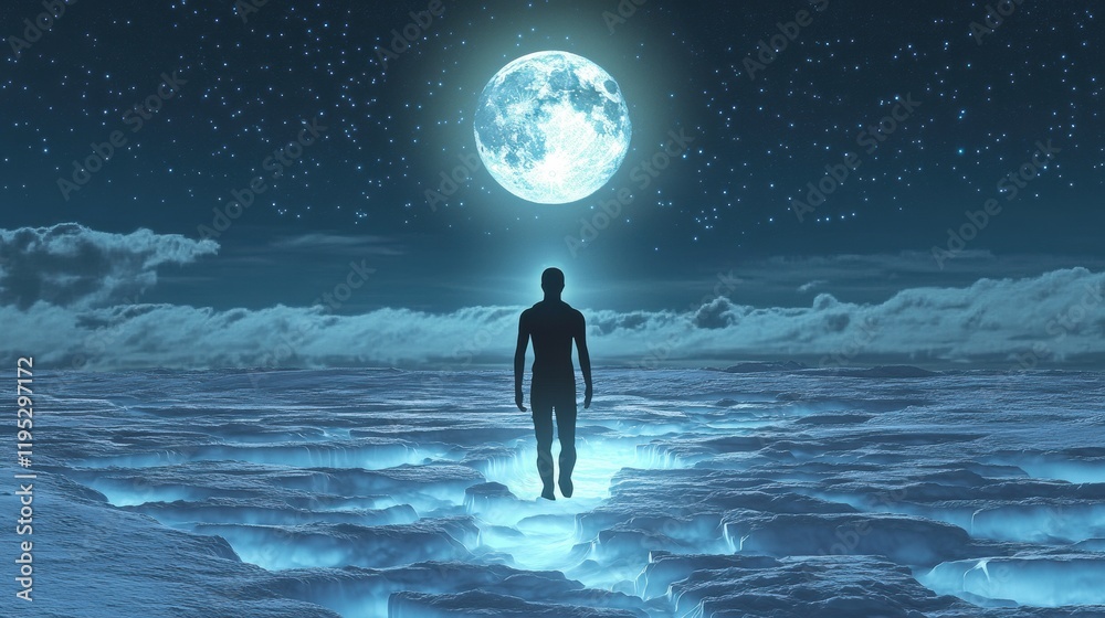 Aufkleber man walks on glowing surface under a bright moon in a starry night sky above clouds
