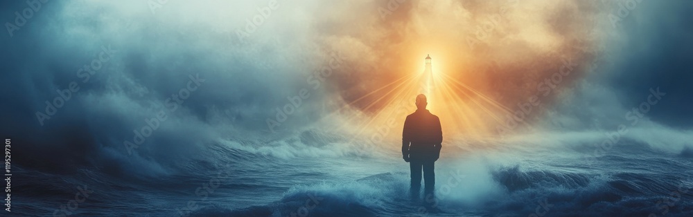 Aufkleber Man surrounded by turbulent waters illuminated by a distant glowing lighthouse at dawn