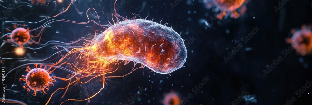 Aufkleber Magnified view of human cell under viral attack highlighting cellular interaction and response mechanisms. Generative AI