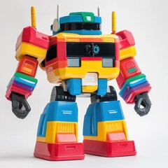 Fototapeta premium Brightly colored toy robot with movable arms stands ready for imaginative play in a well-lit area