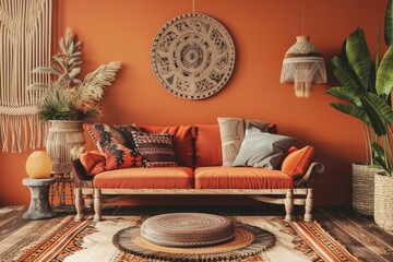 Vibrant red living room with modern styled decor, featuring wooden sofa frame and throw pillows on a patterned area rug. Walled art adds an eclectic touch to the space.