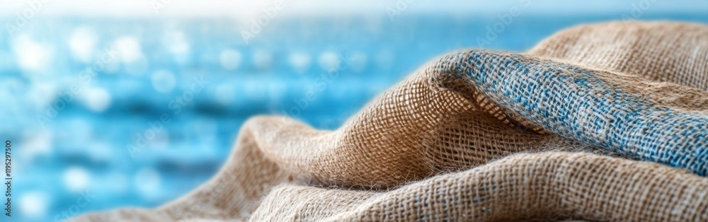 Aufkleber calming view of soft fabric draped over a surface with serene blue water in the background at sunset
