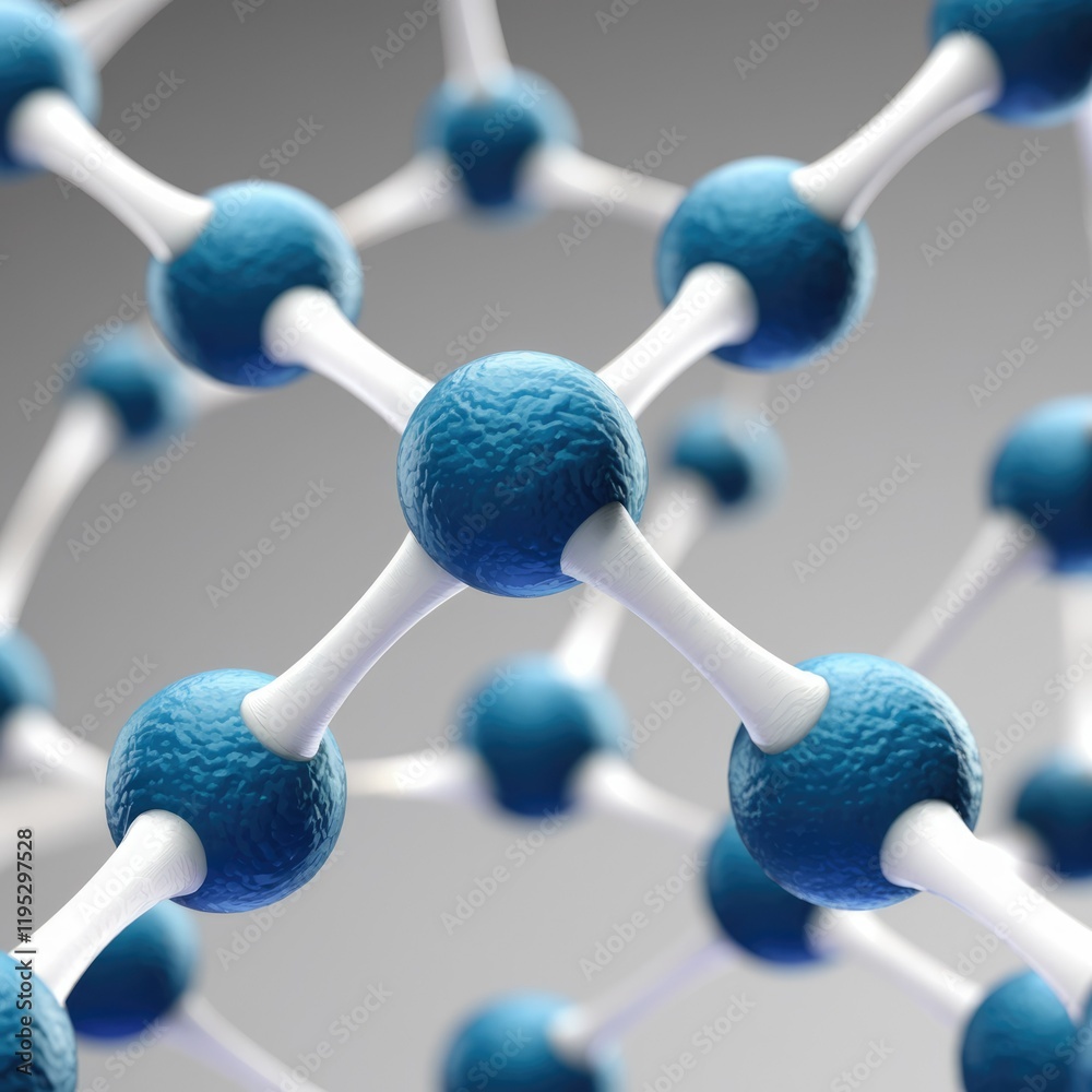 Fototapete Microscopic 3D rendering of a molecule's interconnected atoms, showing its complex structure.