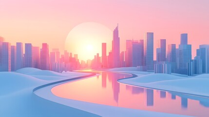 Obraz premium Vibrant Cityscape Sunset Reflection on Urban Skyscraper River Panorama