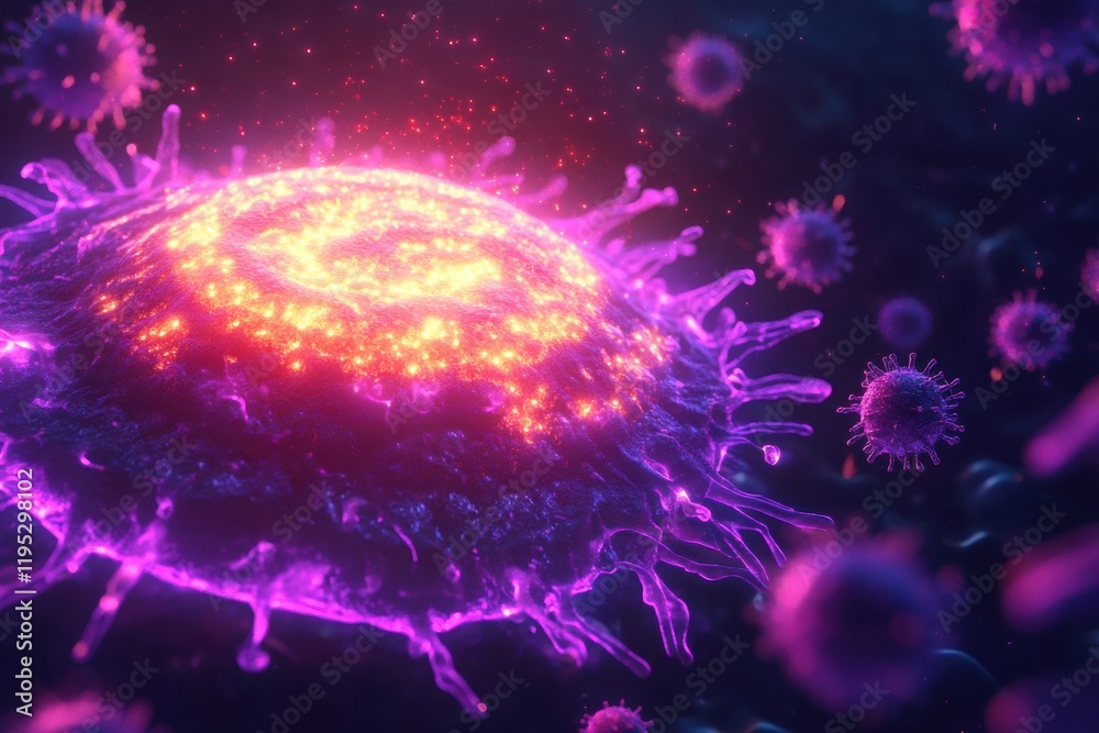 Leinwandbilder glowing cell illuminated among a swarm of menacing viruses in a dark microscopic environment. genera