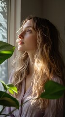 Naklejka premium Thoughtful young woman gazing out a window surrounded by lush green plants in warm morning light