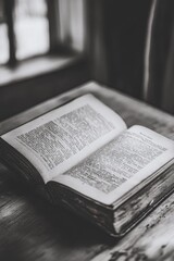 Open old book on table, suggesting reading or study. Vintage text on paper pages of open book.