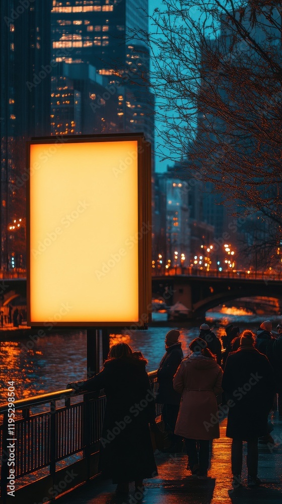 Poster quiet evening stroll by the river with glowing empty sign and city backdrop