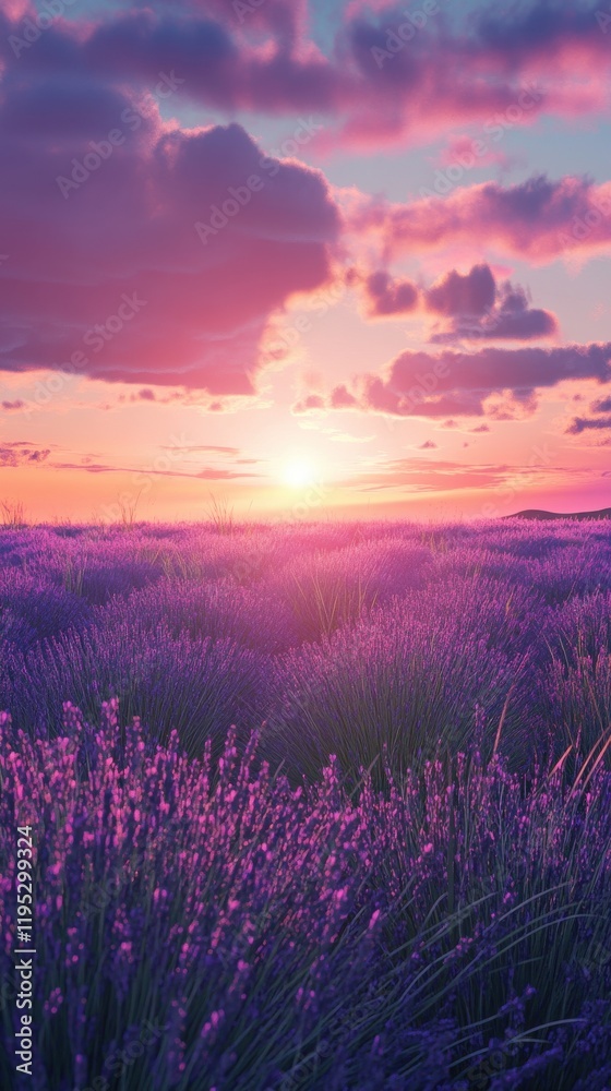 Aufkleber colorful lavender field during sunset with vibrant sky and fluffy clouds creating a serene atmospher