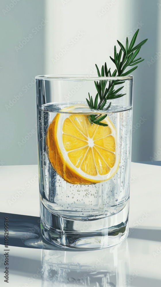 Poster refreshing close-up of a glass of sparkling water with lemon and rosemary in a bright setting