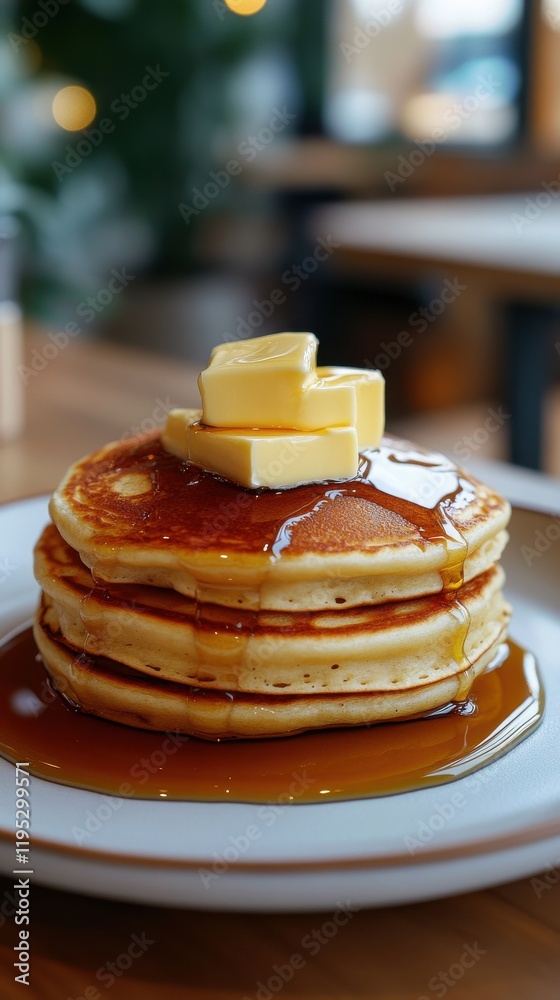 Poster Delicious stack of fluffy pancakes topped with butter and drizzled with maple syrup on a rustic table