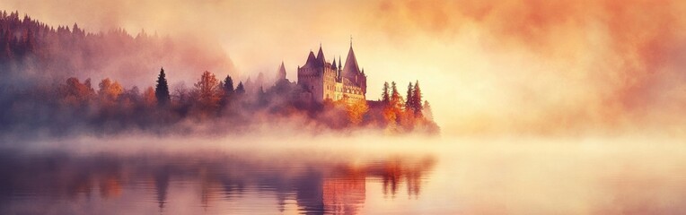 Fototapeta premium Mysterious castle emerges from fog on a tranquil lake during autumn sunset