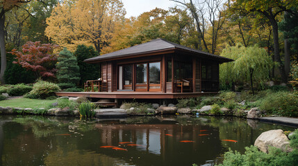 A traditional Japanese tea house by a tranquil koi pond surrounded by vibrant maple trees.