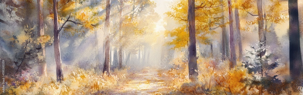 Poster Beautiful autumn forest path with golden leaves and soft sunlight filtering through trees in a tranquil setting