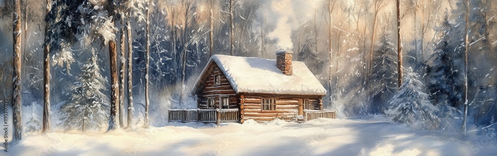 Aufkleber Charming log cabin nestled in snowy woods with soft light reflecting off distant trees during a tranquil winter afternoon