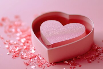 Obraz premium A pink heart-shaped box filled with candy hearts, sparkling with glitter and love. Perfect for Valentine's Day gifts or as a decoration to celebrate love.