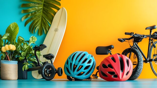 Summer Activities Bikes Helmets Surfboard Plants