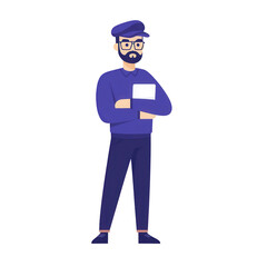 Obraz premium A man in glasses and a cap holding a clipboard, portraying a thoughtful demeanor., isolated on a transparent background.