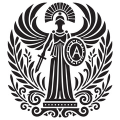 Athena's Aegis Silhouette Vector Illustration, Solid White Background.