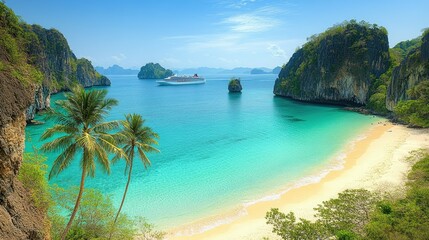 Fototapeta premium Secluded Tropical Beach Paradise Cruise Ship View