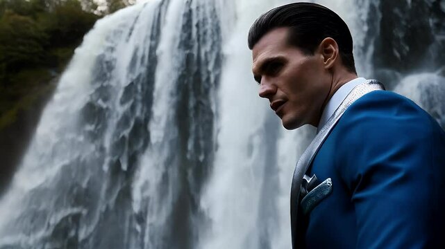 Stylish man poses by a stunning waterfall in a striking blue suit during golden hour