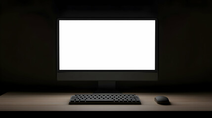Sleek minimalist workspace computer, keyboard, mouse on a dark wooden desk against a black background.  Perfect for tech, business, or design concepts.