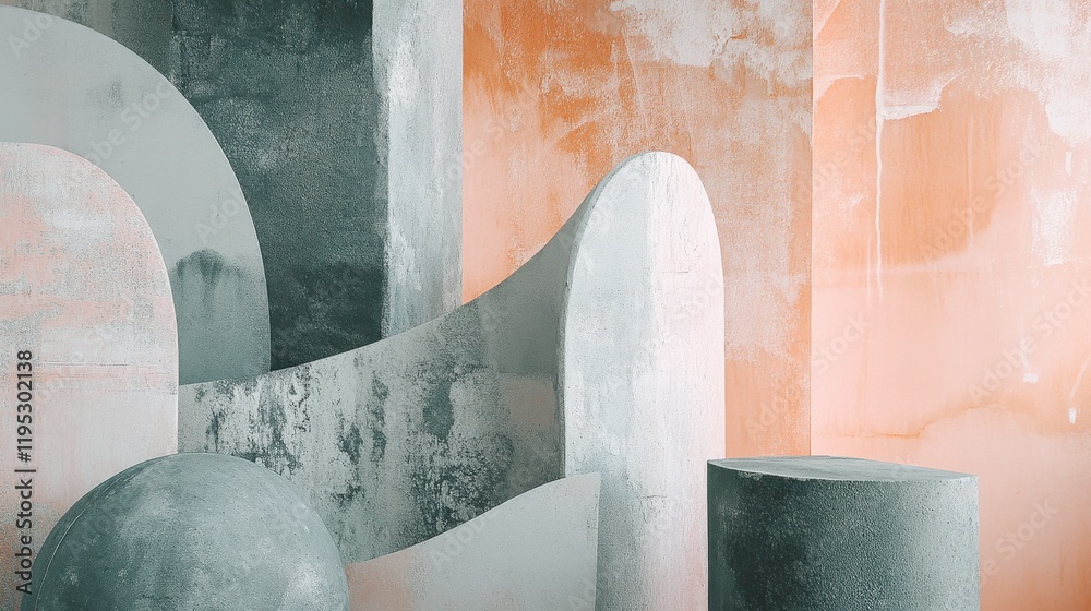 Poster Soft pastel peach and gray forms create a harmonious blend of curves and angles in contemporary design space