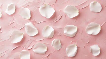 Delicate white rose petals on textured pink background for floral concepts
