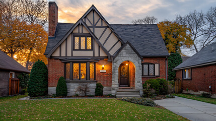 A Tudor-style home with timber beams and brick walls.