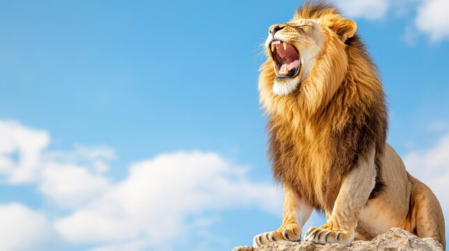 Undefeated Concept, Majestic Lion Roaring on a Cliff Against a Bright Sky Symbolizing Strength and Power in Nature