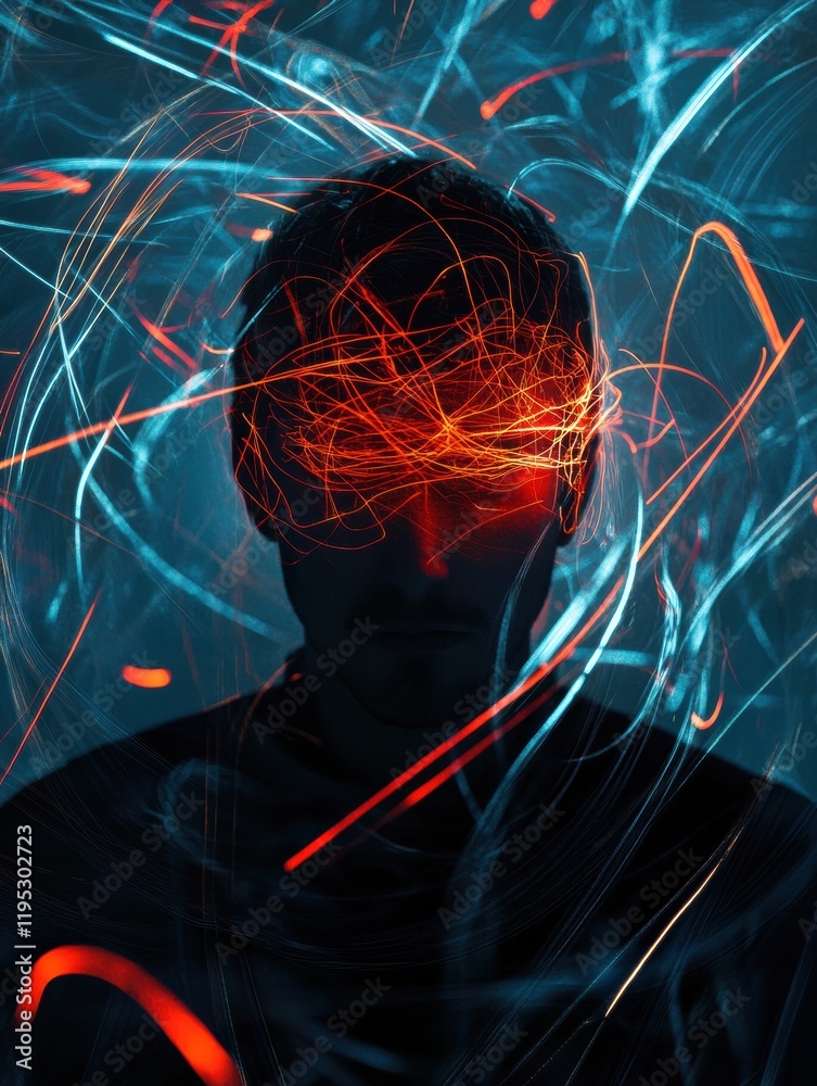 Aufkleber Person surrounded by vibrant swirling lines and abstract shapes during a creative exploration of perception and imagination. Generative AI