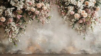 Floral arrangement on a textured wall with soft lighting and subtle colors