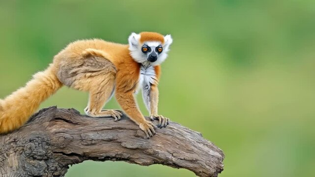 Red-fronted lemur leaping across a weathered log against a blurred green background.