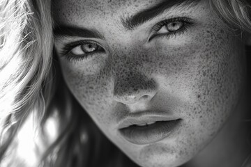 Naklejka premium A young woman with freckles showcasing her naturally flawless complexion.