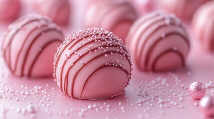 Obraz premium Delicious and Beautiful Pink Chocolate Truffles Decorated with Sprinkles on a Soft Pink Background for a Sweet Treat or Dessert Presentation
