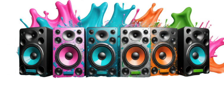 DJ speakers surrounded by a mixture of splashes in multiple vibrant colors (green, pink, blue, orange), isolated on a white transparent background PNG