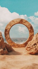 Surreal desert landscape with circle overlooking ocean