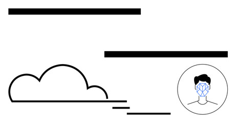 Biometric facial recognition outline with a cloud and data network lines. Ideal for data security, AI, biometrics, privacy, authentication, cloud storage, abstract line flat metaphor