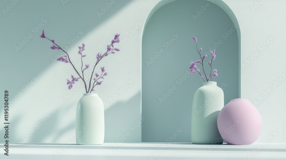 Poster minimalist arrangement of echoed shapes in muted mint with soft accent flowers in light vases and a 