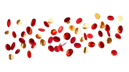 Golden and red confetti falling isolated on white background 