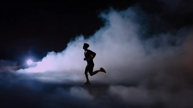 Runner moves through thick fog at night in a dramatic backdrop of shadows
