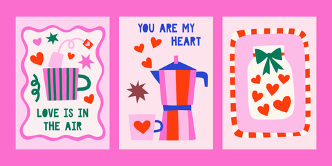 Cute cutout style Valentine's Day vector cards. Hand drawn simple illustrations set with coffee pot, tea mug, jar with hearts