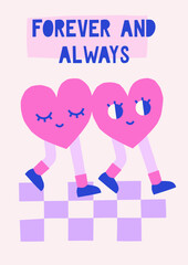 Hand drawn simple groovy illustration with couple of heart characters. Cute cutout style Valentine's Day vector card