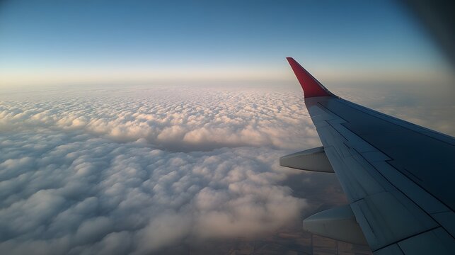 Clouds view, flying and traveling, view from airplane window on the wing