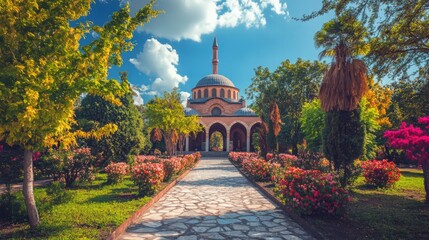 Fototapeta premium A beautiful mosque with a garden pathway surrounded by trees and colorful flowers under a blue sky
