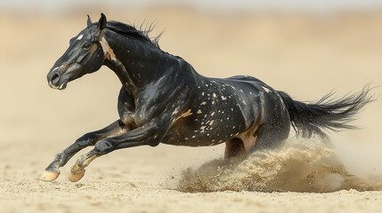 Fototapeta premium A Black Spotted Horse Galloping Across Sandy Terrain