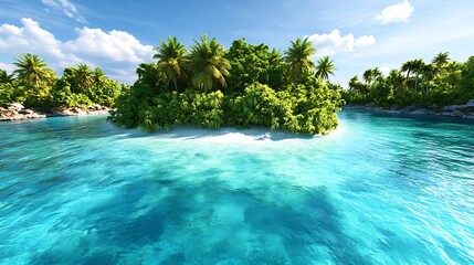 A tropical island surrounded by crystal-clear turquoise waters with lush greenery in the center