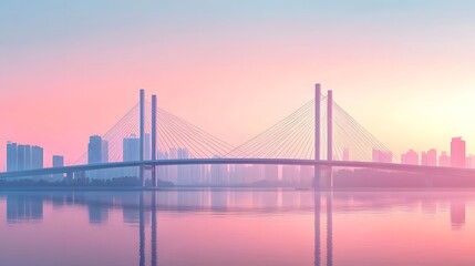 Fototapeta premium Majestic Suspension Bridge Over Tranquil Waterfront Cityscape at Dramatic Sunrise or Sunset