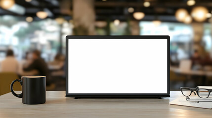 Fototapeta premium Blank laptop screen mockup on a table in a blurred cafe background, perfect for showcasing your website or app design. Coffee mug and glasses add realism.