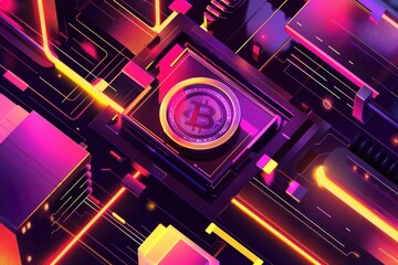 Colorful cityscape with a large B on a small coin. The coin is surrounded by a network of wires and buildings. Scene is vibrant and futuristic